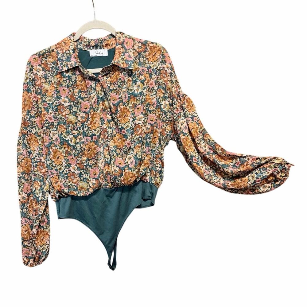 Sadie & sage green blouse bodysuit balloon sleeves medium autumncore cottagecore